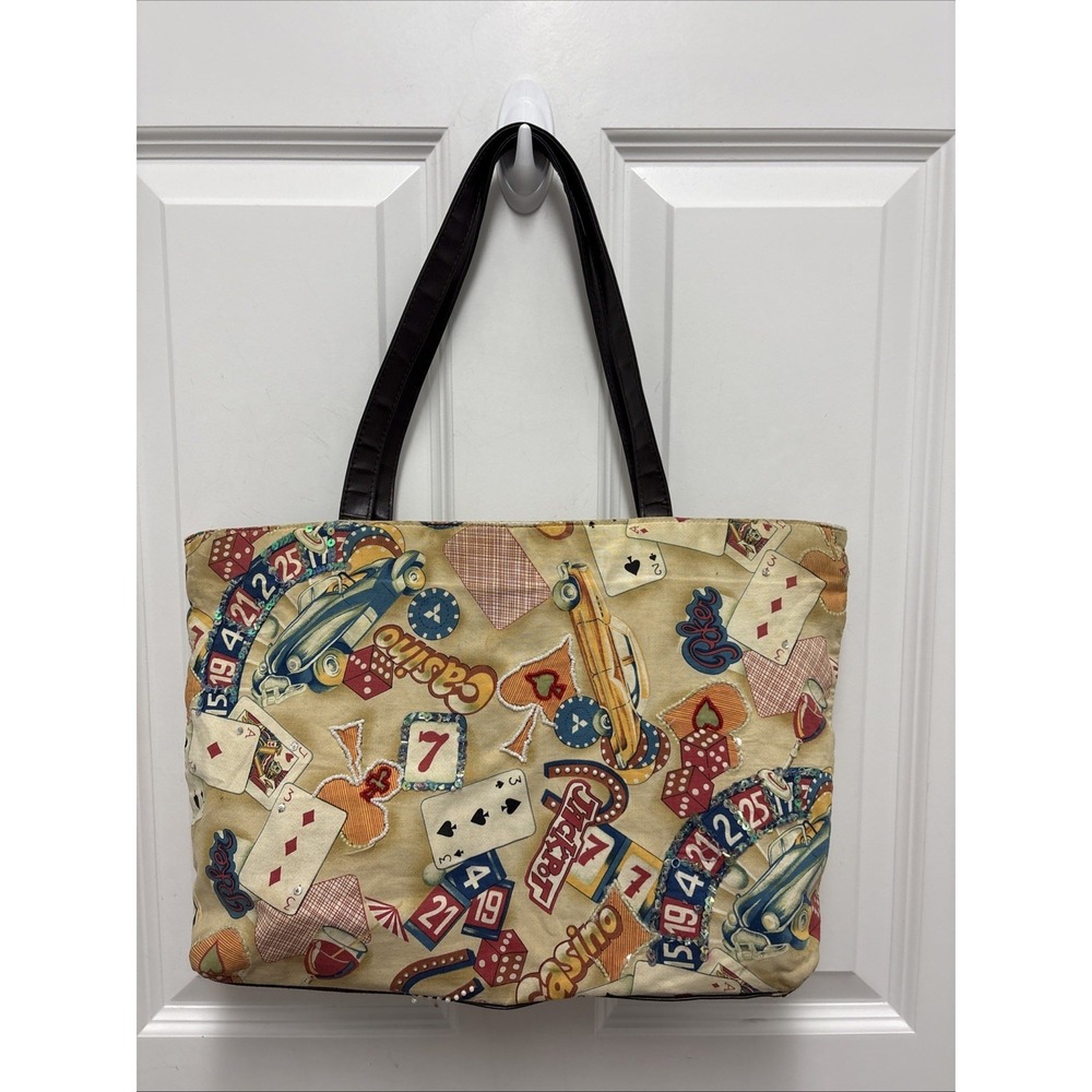 Vintage Casino Gambling Print Tote Bag‎ Sequins Beads Playing Cards Dice Vegas
